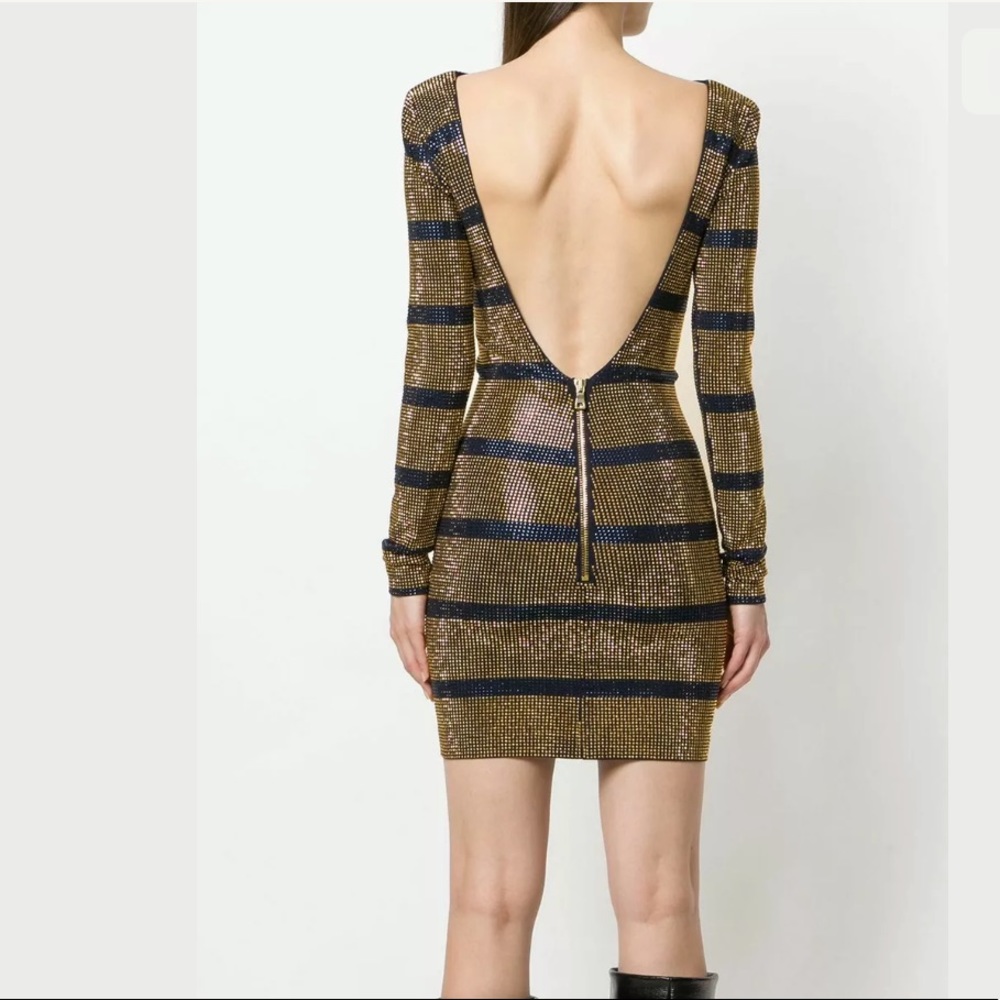 BALMAIN Striped Crystal Embellish Open Back Dress - Picture 2 of 8
